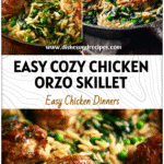 Golden chicken thighs with orzo, peas, and spinach in a rustic skillet for a cozy one pot meal.